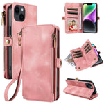 iPhone 14/13 Retro Premium Flip Leather Cover with 9 Card Holder & Zipper Cash Pocket & Wrist Strap