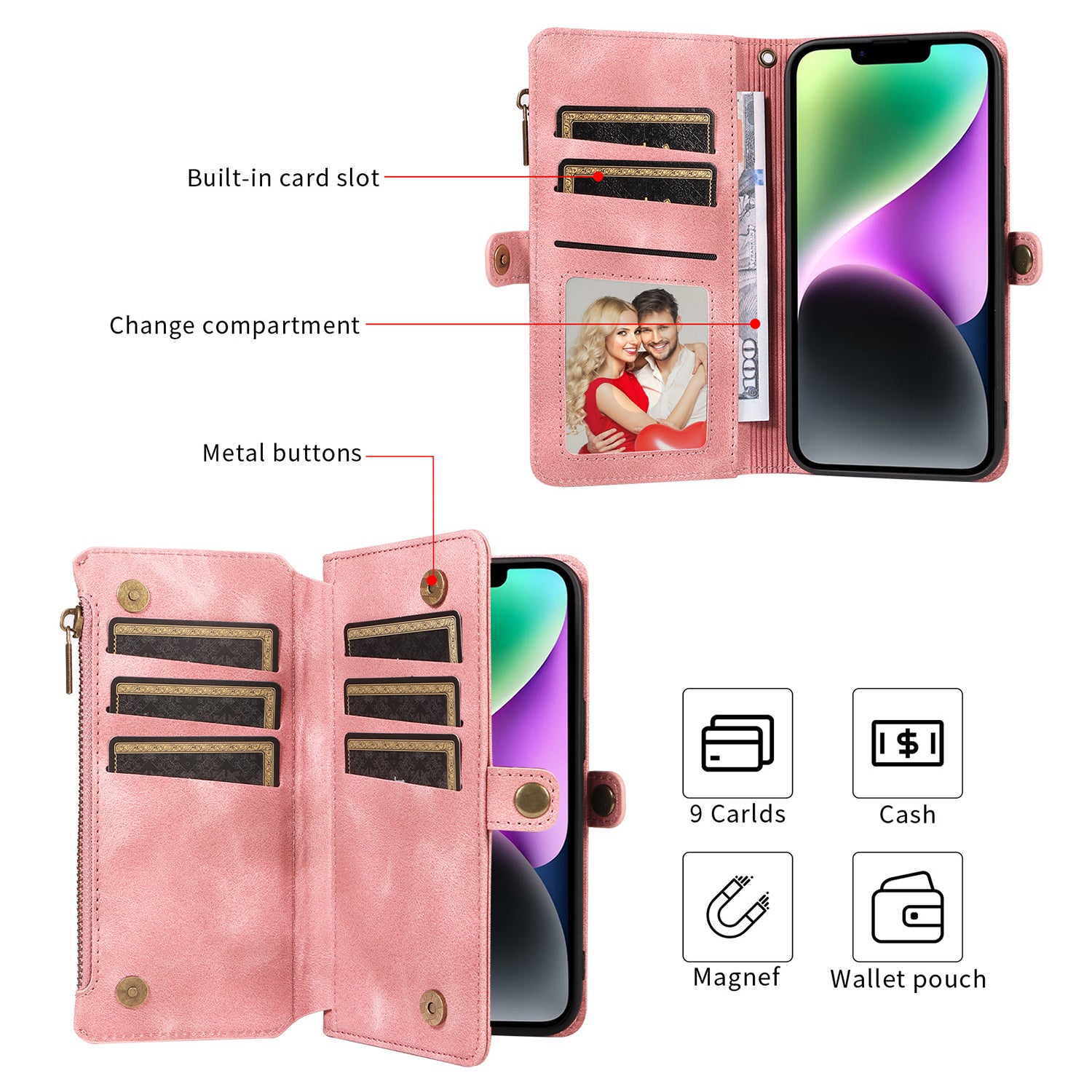 iPhone 14/13 Retro Premium Flip Leather Cover with 9 Card Holder & Zipper Cash Pocket & Wrist Strap