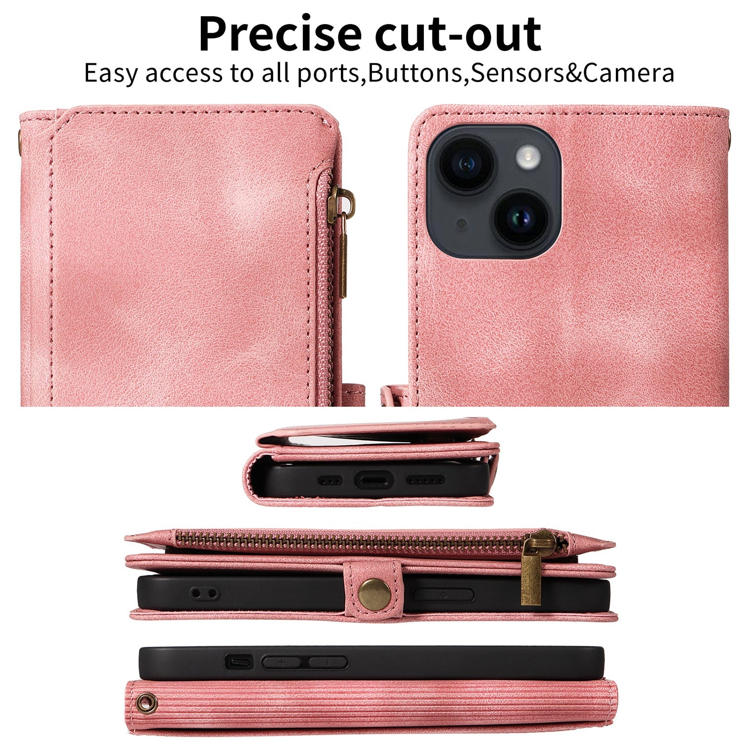 iPhone 14 Plus Retro Premium Flip Leather Cover with 9 Card Holder & Zipper Cash Pocket & Wrist Strap