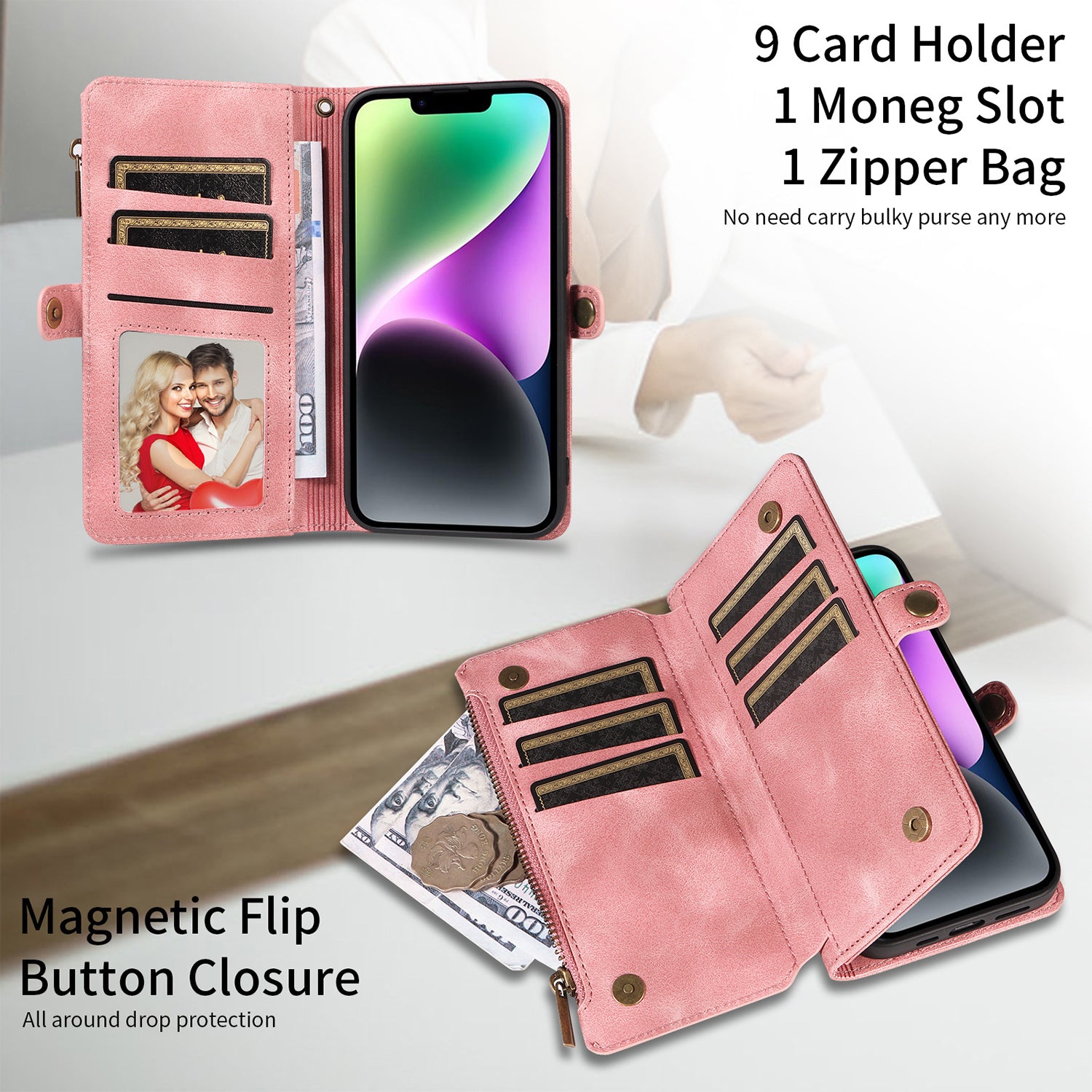 iPhone 14/13 Retro Premium Flip Leather Cover with 9 Card Holder & Zipper Cash Pocket & Wrist Strap