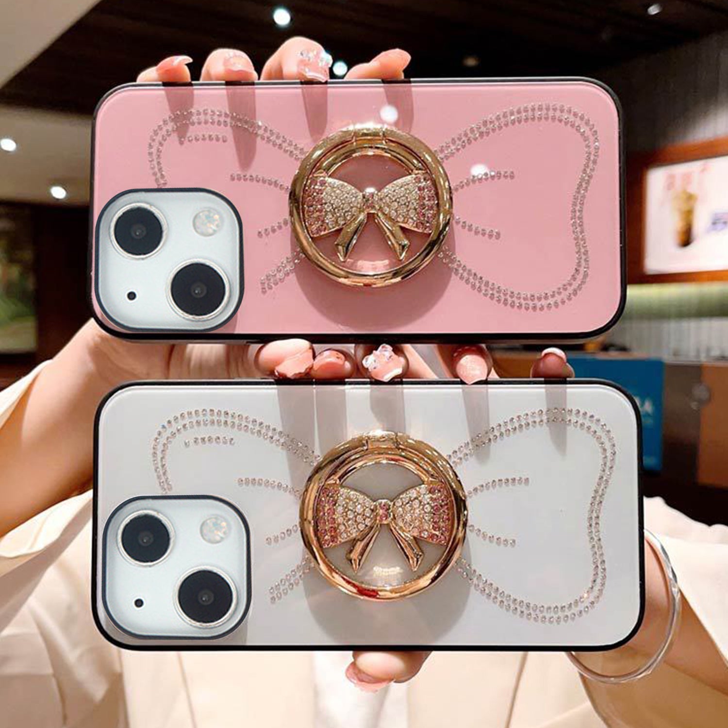 iPhone 14/13 Large bow round support precise hole diamond case