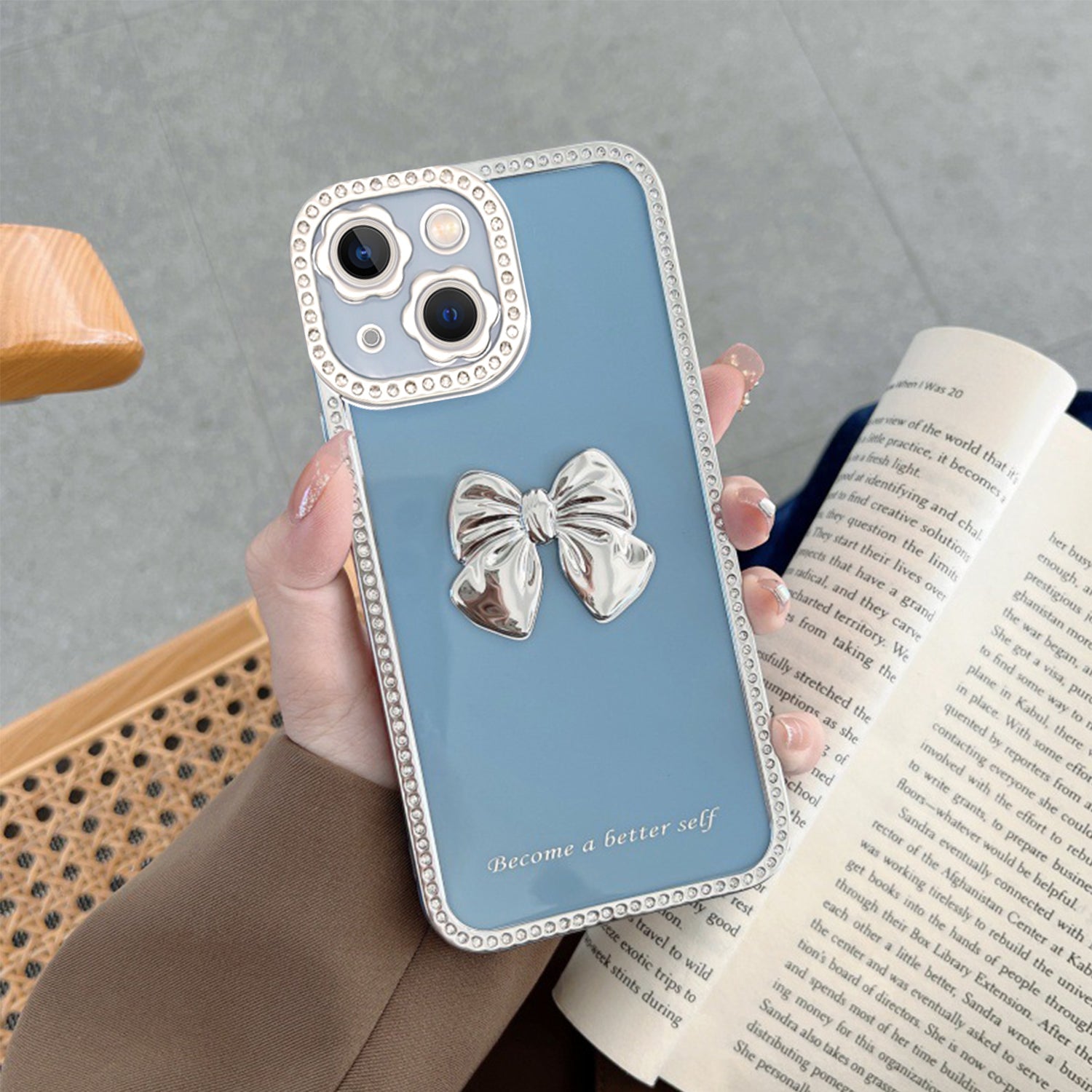 iPhone 14/13 Diamond frame color electroplating bow case