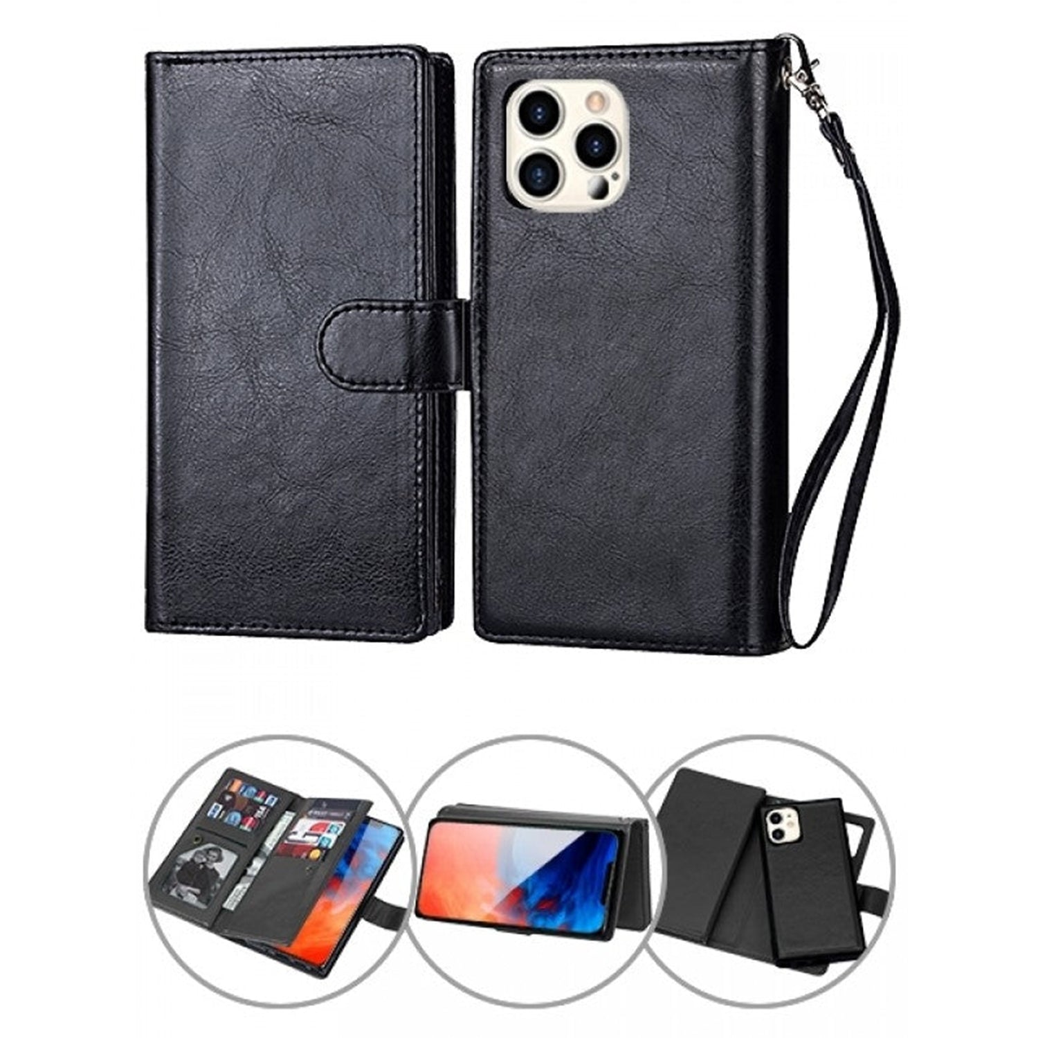 iPhone 14 Pro 2 in 1 Leather Wallet Case With 9 Credit Card Slots and Removable Back Cover