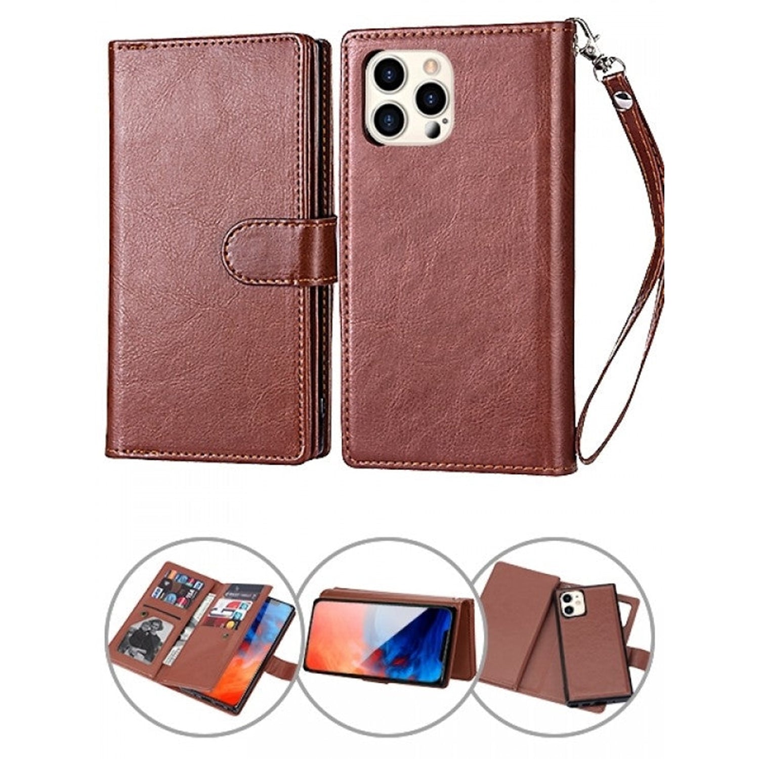 iPhone 14 Pro 2 in 1 Leather Wallet Case With 9 Credit Card Slots and Removable Back Cover