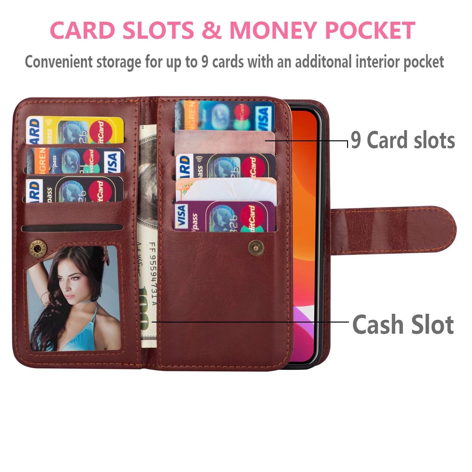 iPhone 14 Pro Max 2 in 1 Leather Wallet Case With 9 Credit Card Slots and Removable Back Cover