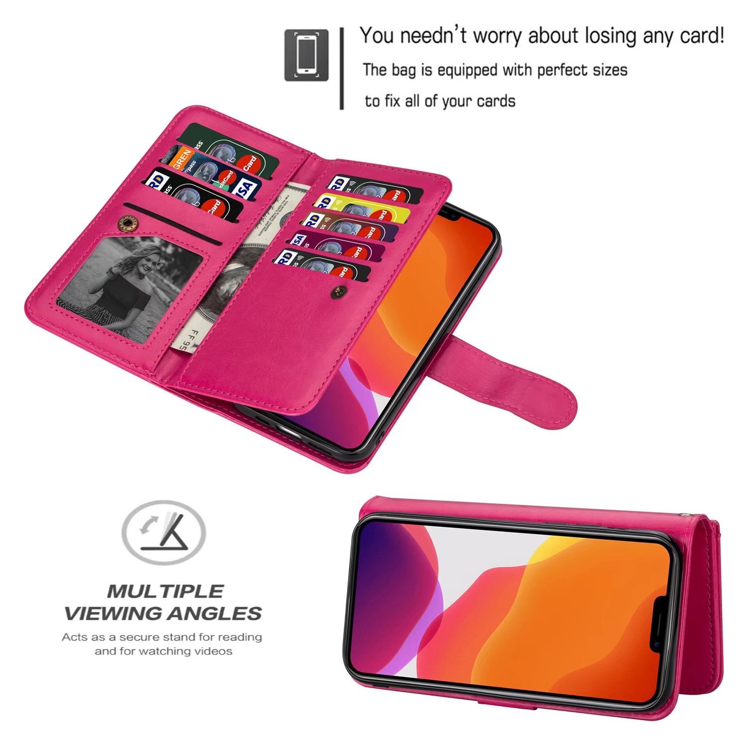 iPhone 14 Pro 2 in 1 Leather Wallet Case With 9 Credit Card Slots and Removable Back Cover