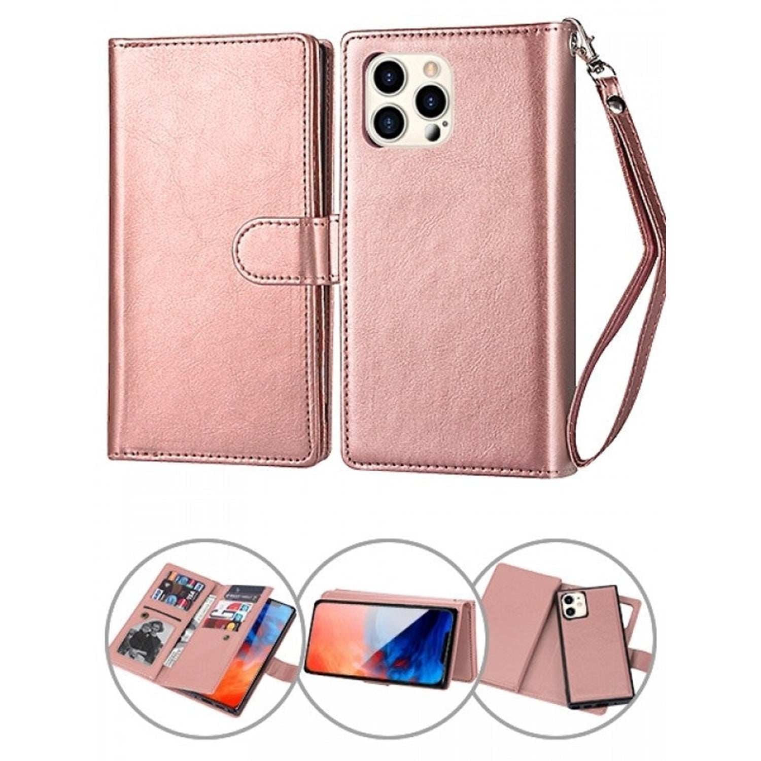 iPhone 14 Pro 2 in 1 Leather Wallet Case With 9 Credit Card Slots and Removable Back Cover