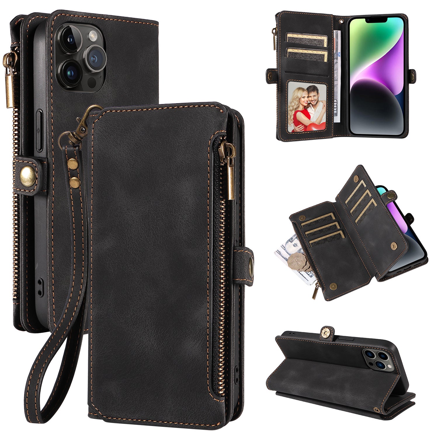 iPhone 14 Pro Retro Premium Flip Leather Cover with 9 Card Holder & Zipper Cash Pocket & Wrist Strap