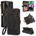 iPhone 14 Pro Max Retro Premium Flip Leather Cover with 9 Card Holder & Zipper Cash Pocket & Wrist Strap