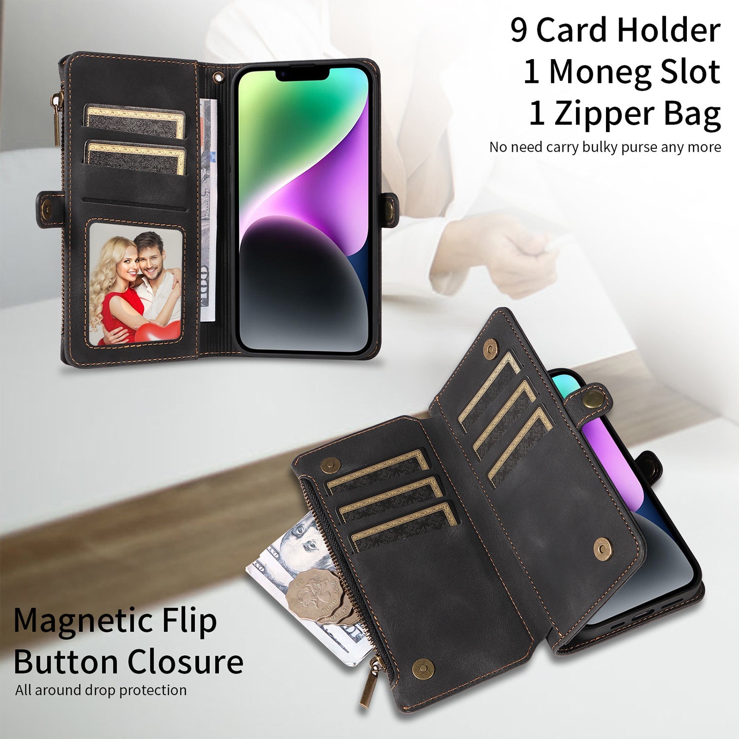 iPhone 14 Pro Max Retro Premium Flip Leather Cover with 9 Card Holder & Zipper Cash Pocket & Wrist Strap