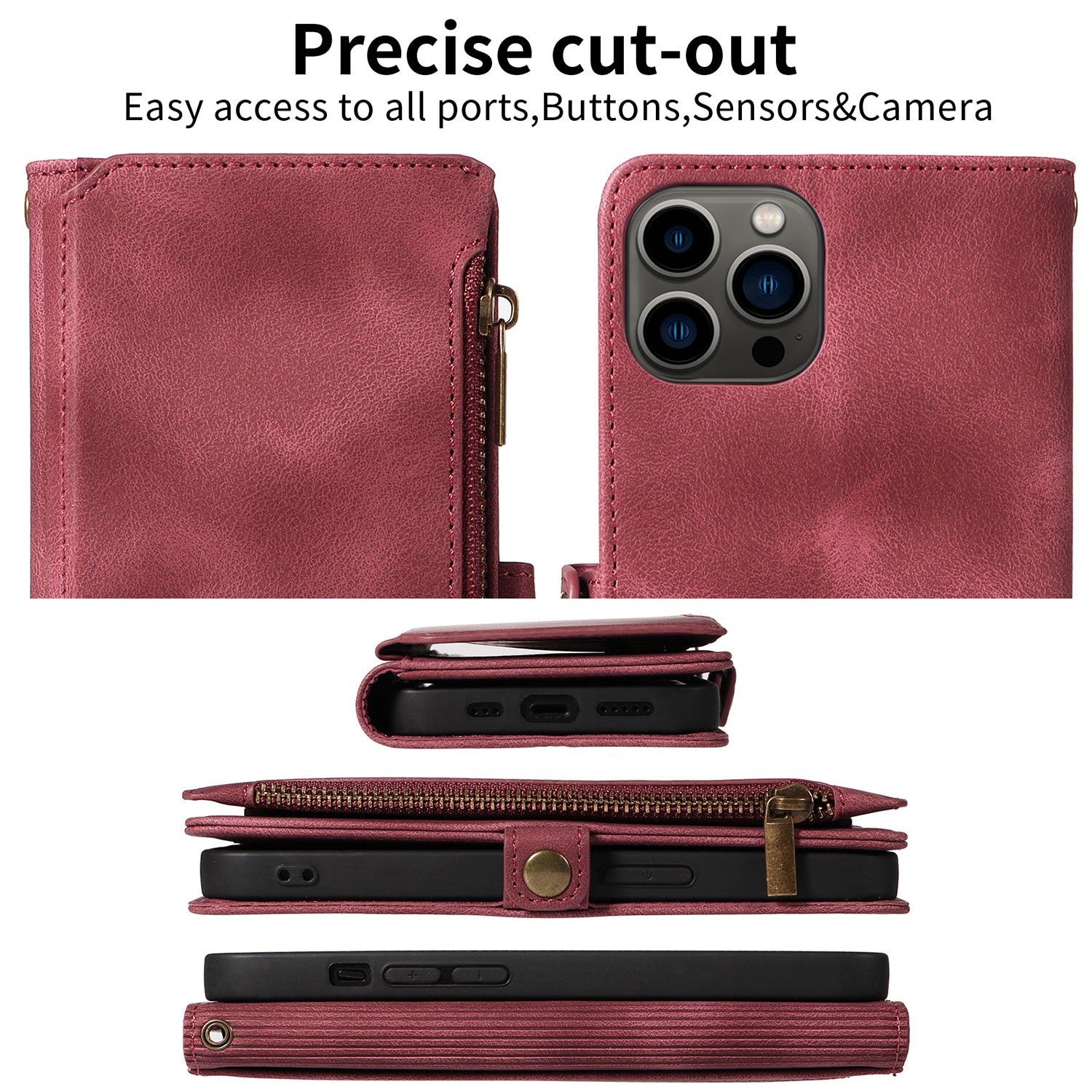 iPhone 14 Pro Retro Premium Flip Leather Cover with 9 Card Holder & Zipper Cash Pocket & Wrist Strap