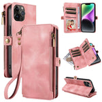 iPhone 14 Pro Retro Premium Flip Leather Cover with 9 Card Holder & Zipper Cash Pocket & Wrist Strap