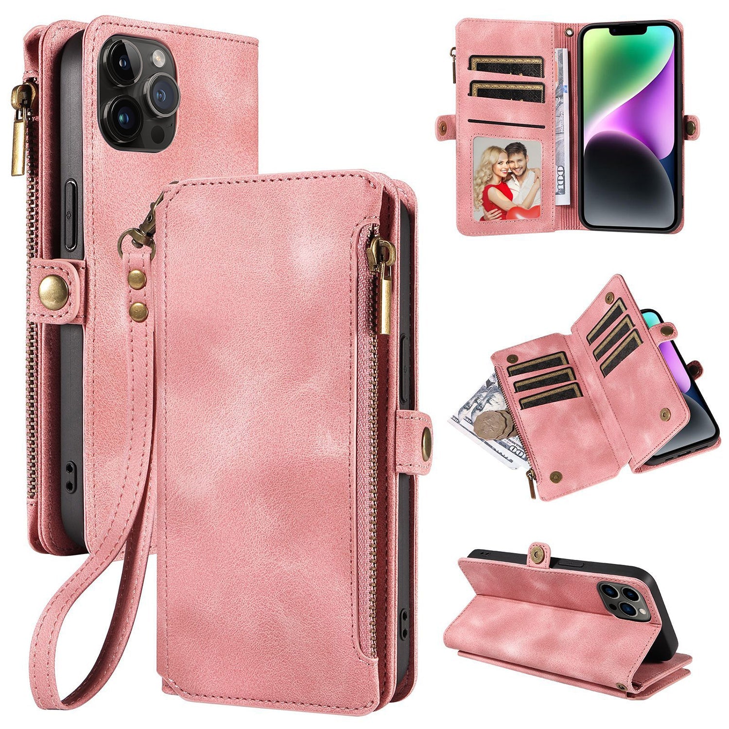 iPhone 14 Pro Max Retro Premium Flip Leather Cover with 9 Card Holder & Zipper Cash Pocket & Wrist Strap