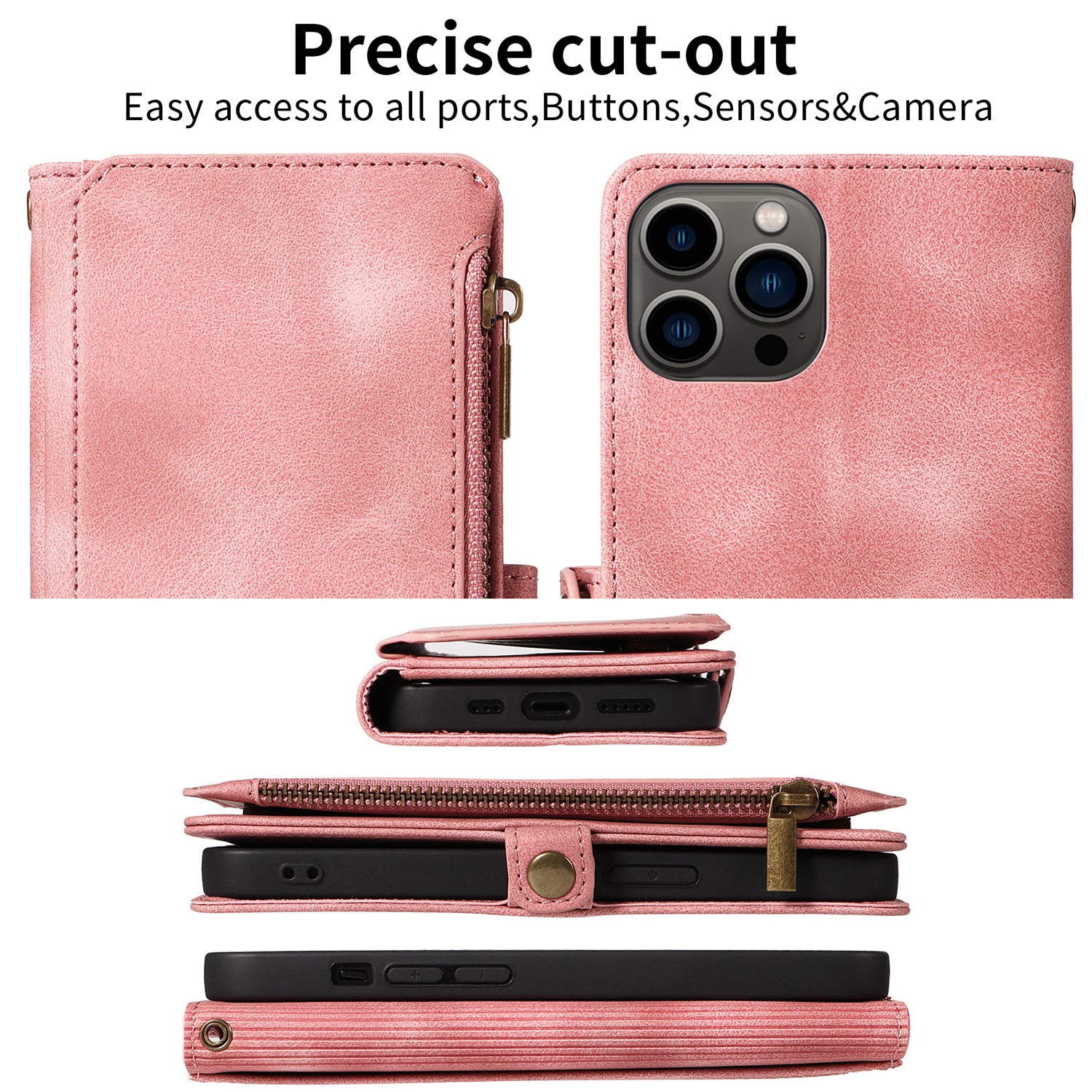 iPhone 14 Pro Retro Premium Flip Leather Cover with 9 Card Holder & Zipper Cash Pocket & Wrist Strap