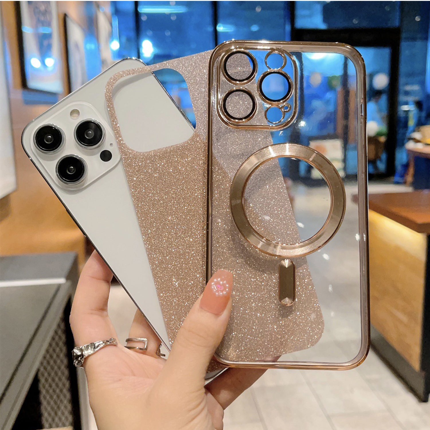 iPhone 15 Pro Gradient Glitter Diamond Luxury Plating Magnetic Attraction Wireless Charging With Camera Protector Back Cover Case