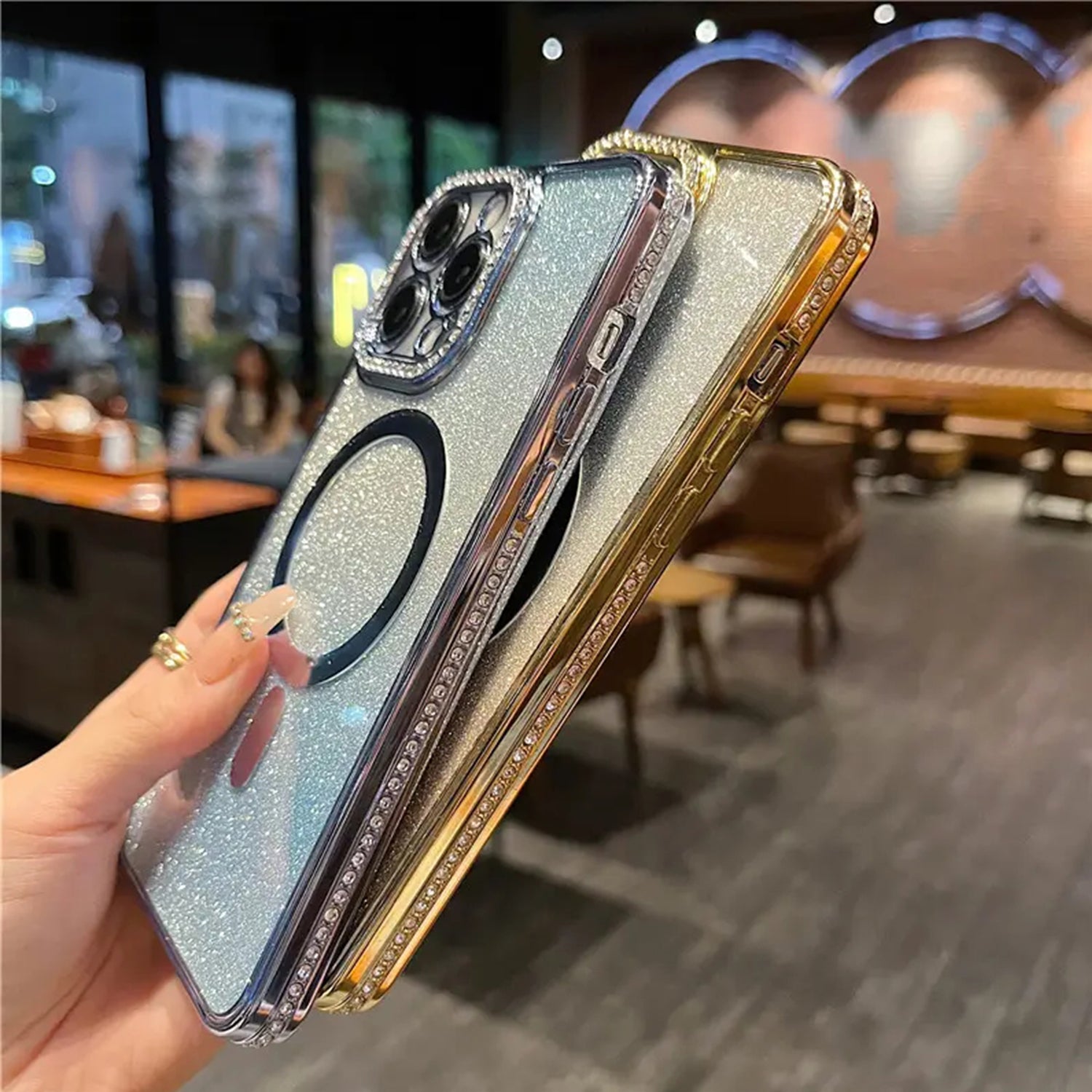 iPhone 15 Pro Gradient Glitter Diamond Luxury Plating Magnetic Attraction Wireless Charging With Camera Protector Back Cover Case