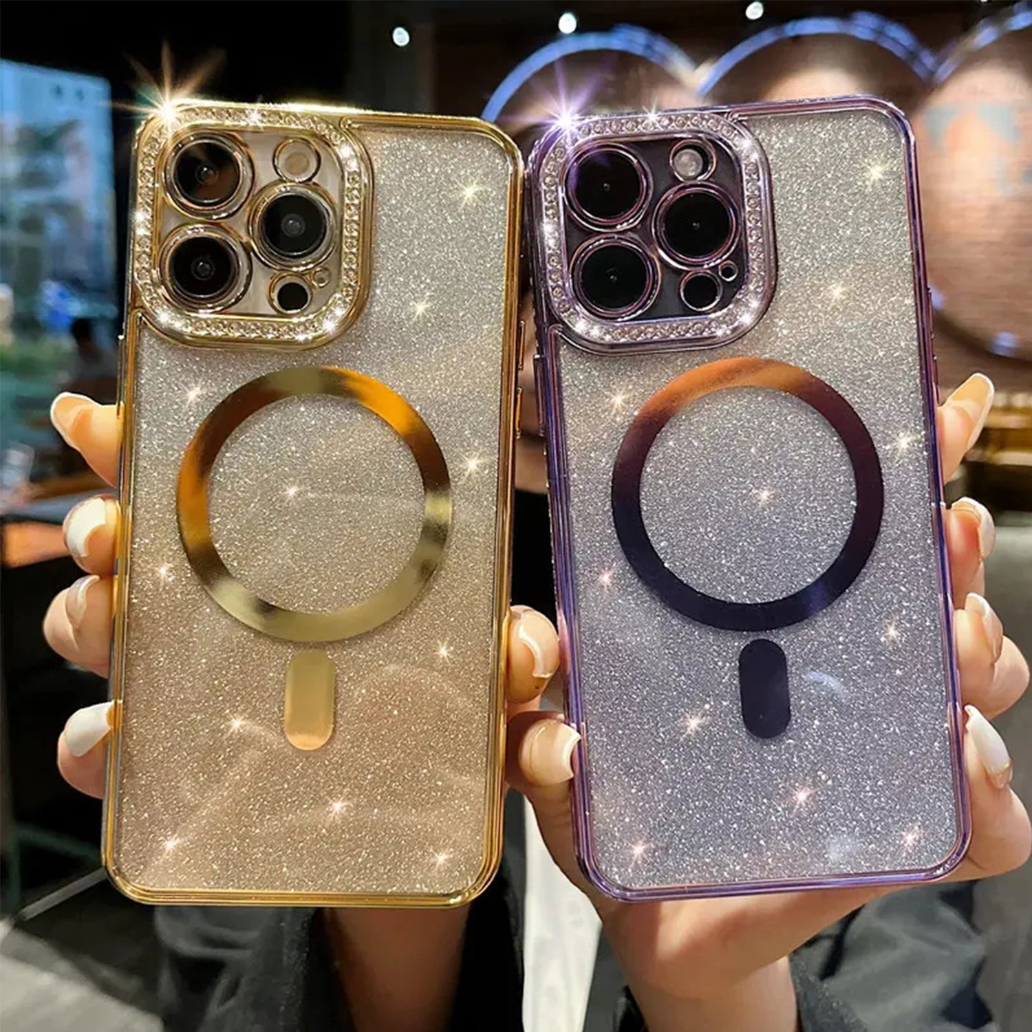 iPhone 14 Pro Gradient Glitter Diamond Luxury Plating Magnetic Attraction Wireless Charging With Camera Protector Back Cover Case