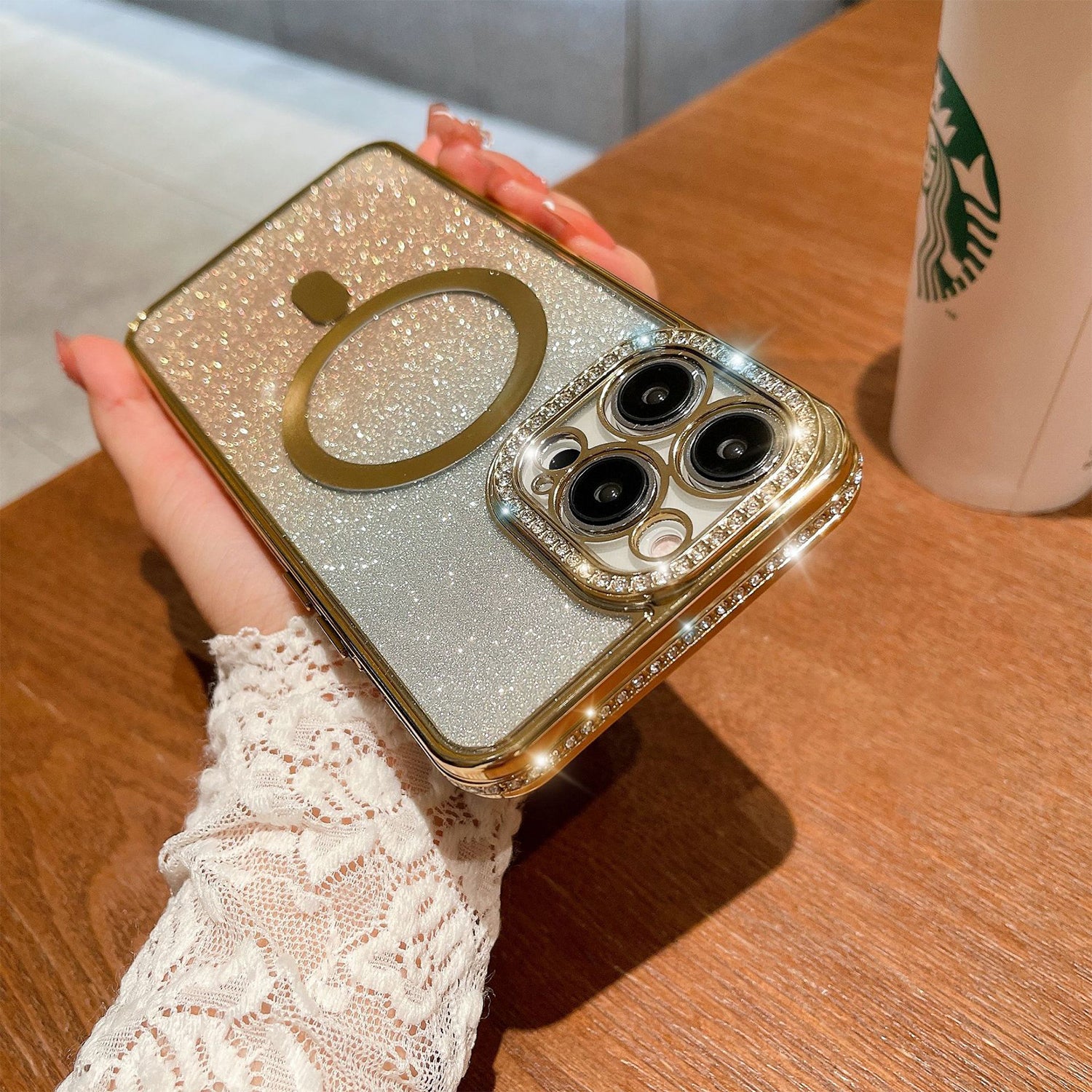 iPhone 15 Pro Gradient Glitter Diamond Luxury Plating Magnetic Attraction Wireless Charging With Camera Protector Back Cover Case