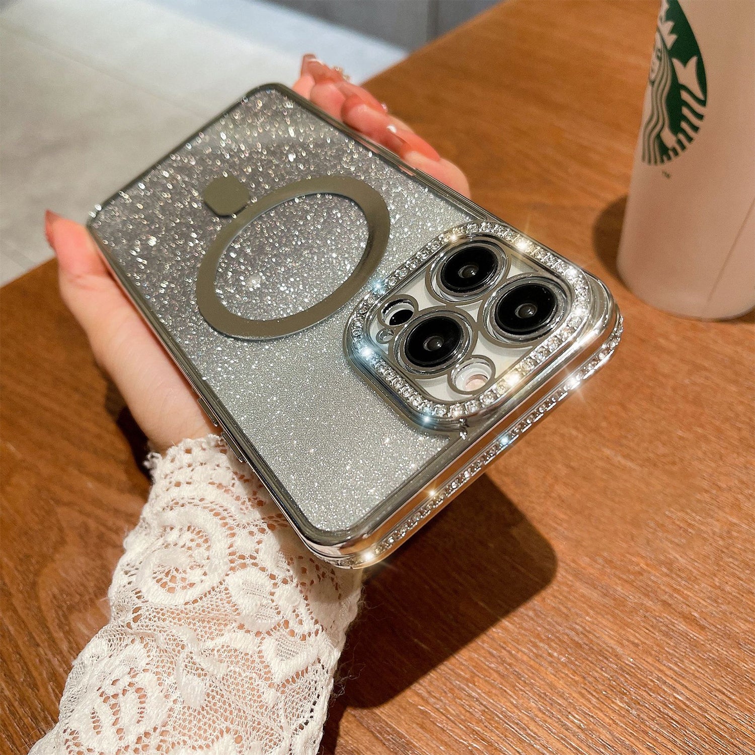 iPhone 14 Pro Gradient Glitter Diamond Luxury Plating Magnetic Attraction Wireless Charging With Camera Protector Back Cover Case