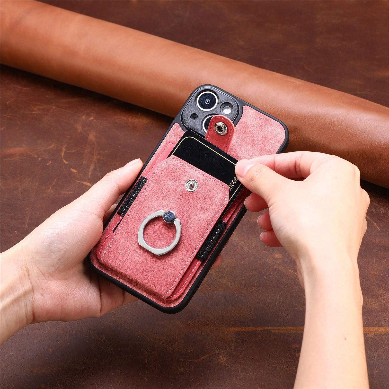 iPhone 15 Plus Solid Vintage Hardware Ring Leather Case