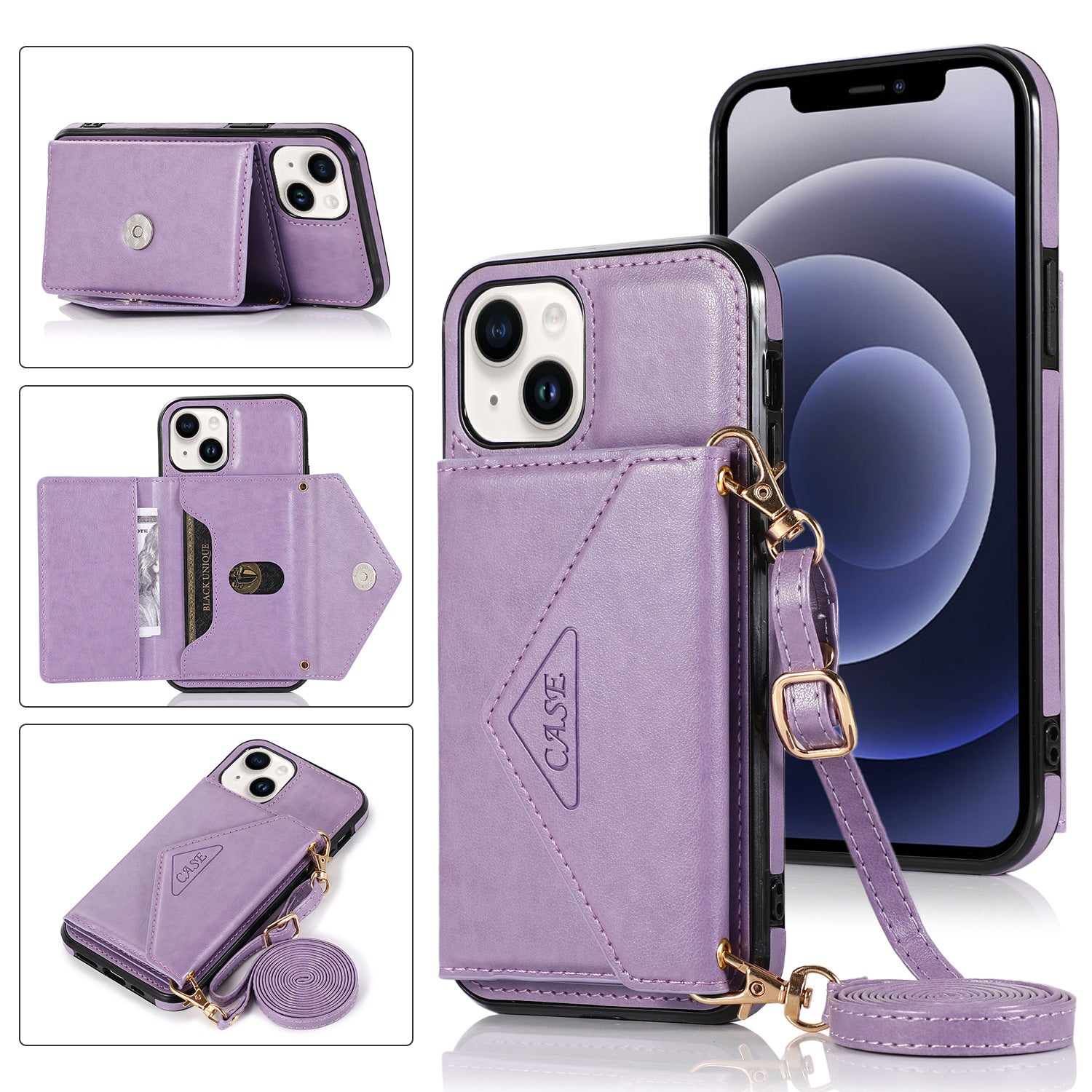 iPhone 15 Plus Triangle Crossbody Multifunctional Card Insertion Leather Case