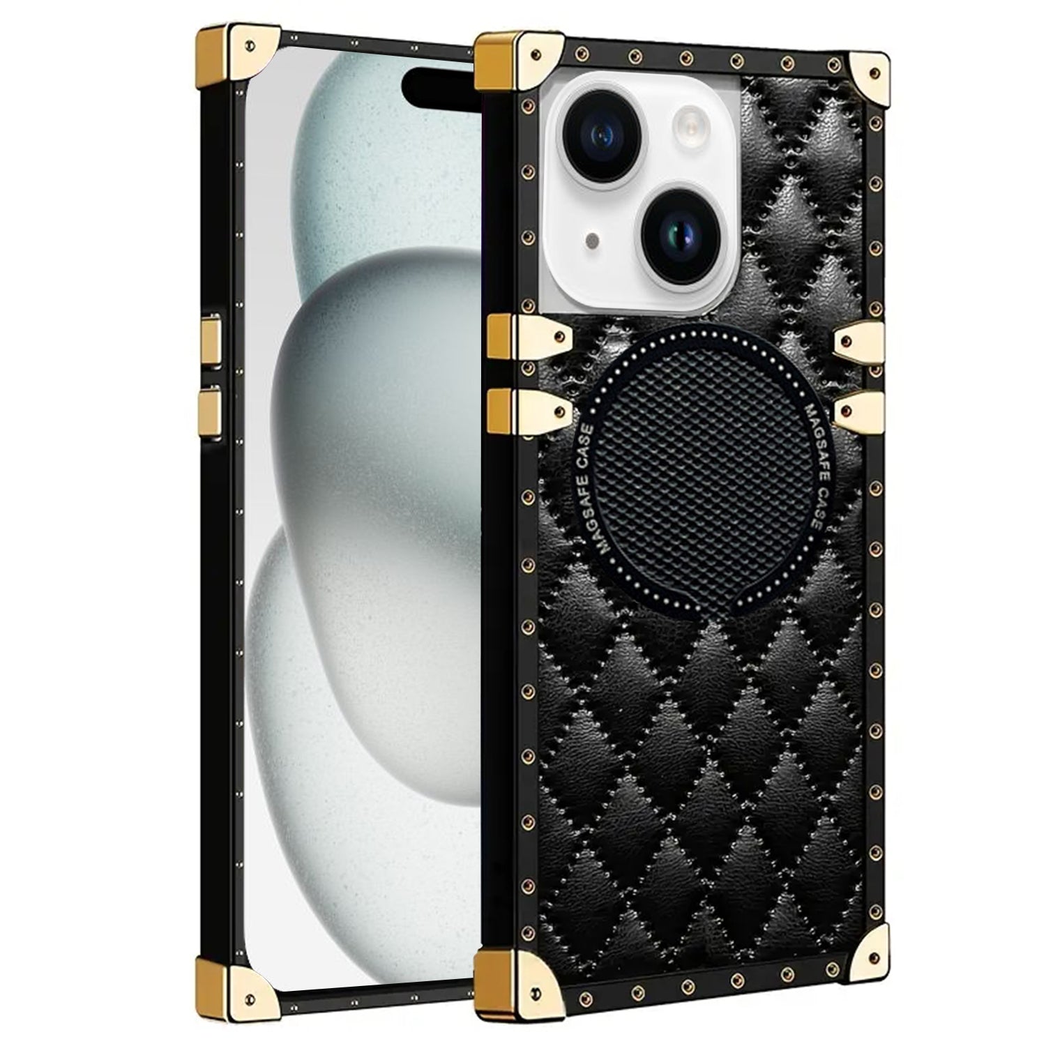 iPhone 15 3D Down Jacket CC Style Soft Leather Square Magnetic Attraction Case Cover