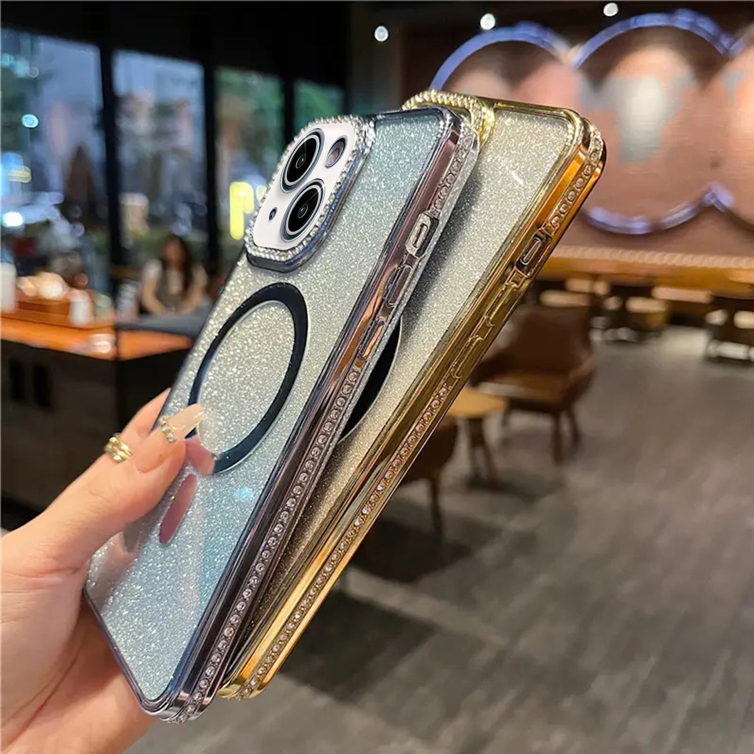 iPhone 15 Plus Gradient Glitter Diamond Luxury Plating Magnetic Attraction Wireless Charging With Camera Protector Back Cover Case