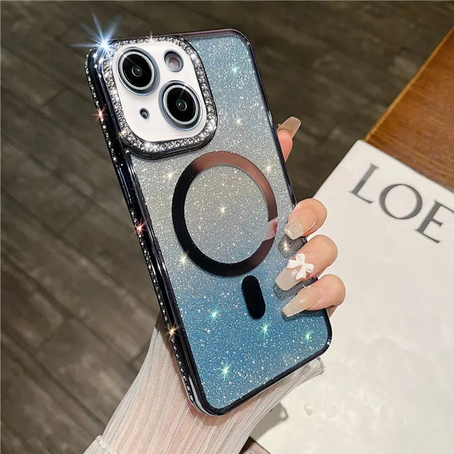 iPhone 15 Plus Gradient Glitter Diamond Luxury Plating Magnetic Attraction Wireless Charging With Camera Protector Back Cover Case