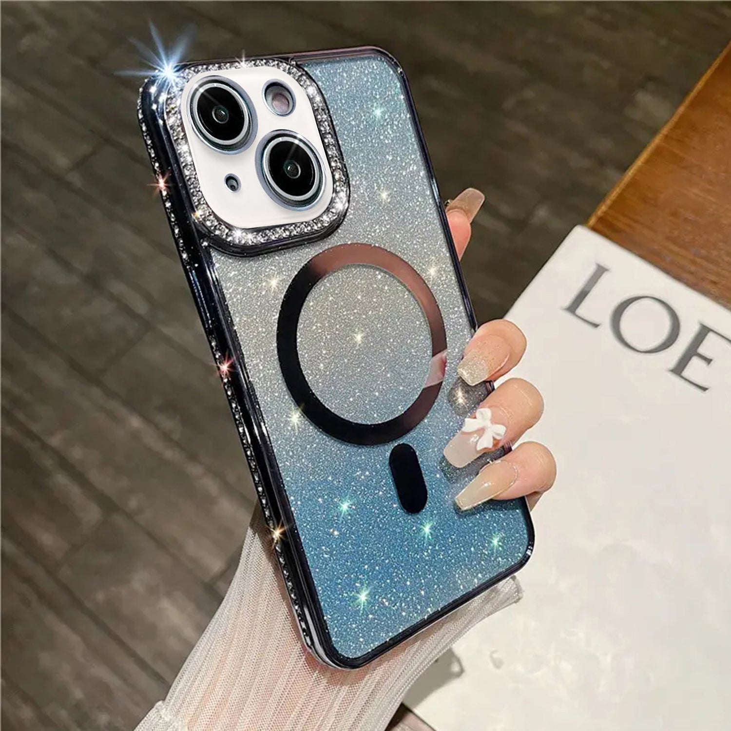 iPhone 14 Plus Gradient Glitter Diamond Luxury Plating Magnetic Attraction Wireless Charging With Camera Protector Back Cover Case