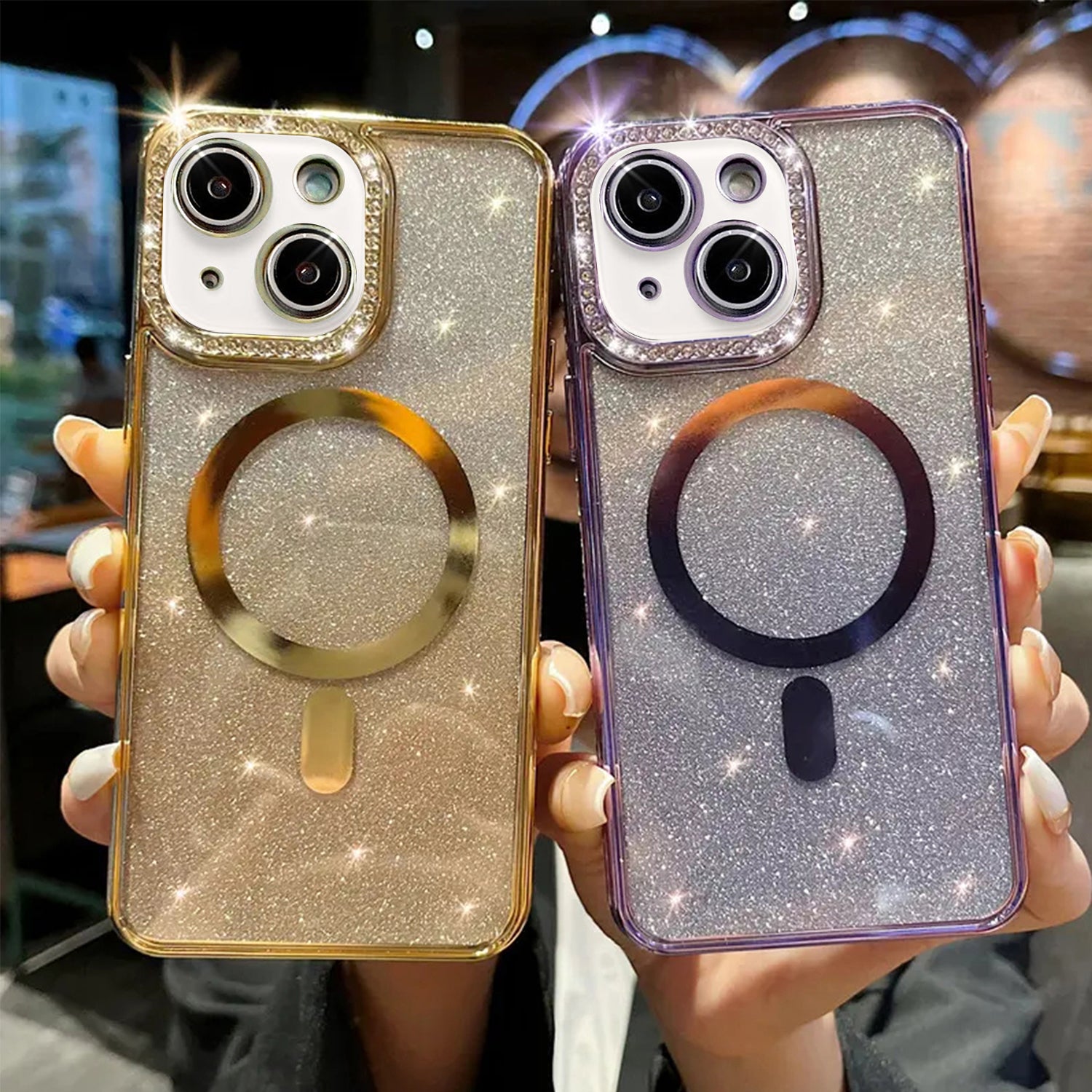 iPhone 15 Gradient Glitter Diamond Luxury Plating Magnetic Attraction Wireless Charging With Camera Protector Back Cover Case