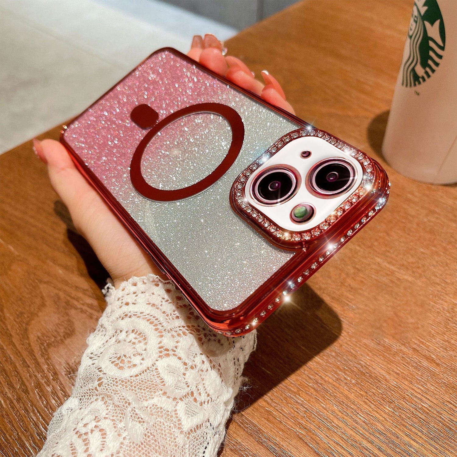 iPhone 14 Plus Gradient Glitter Diamond Luxury Plating Magnetic Attraction Wireless Charging With Camera Protector Back Cover Case