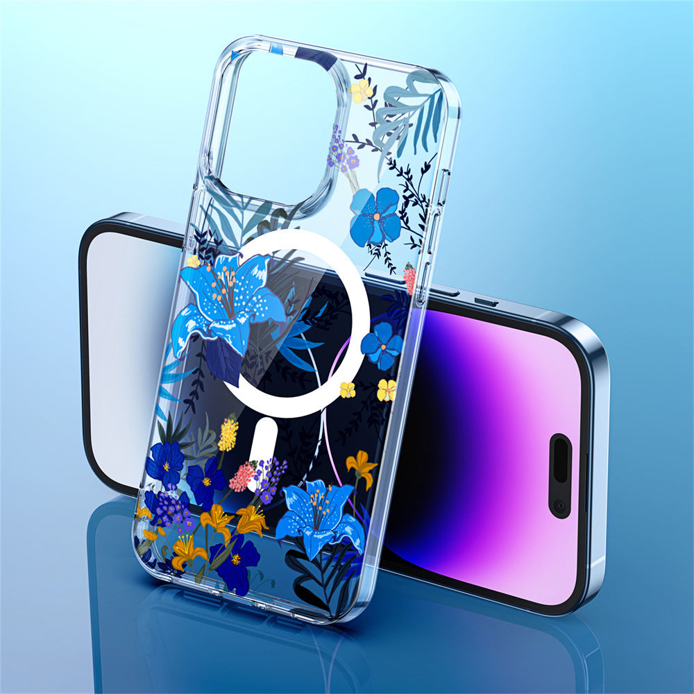 iPhone 15 Printed Double-Layer Transparent Magnetic Suction Phone Case