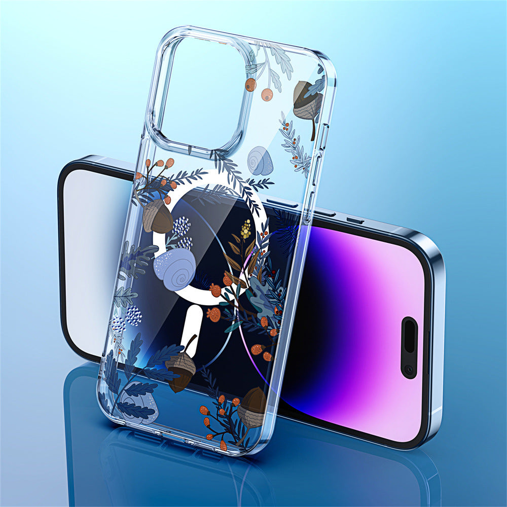 iPhone 15 Printed Double-Layer Transparent Magnetic Suction Phone Case