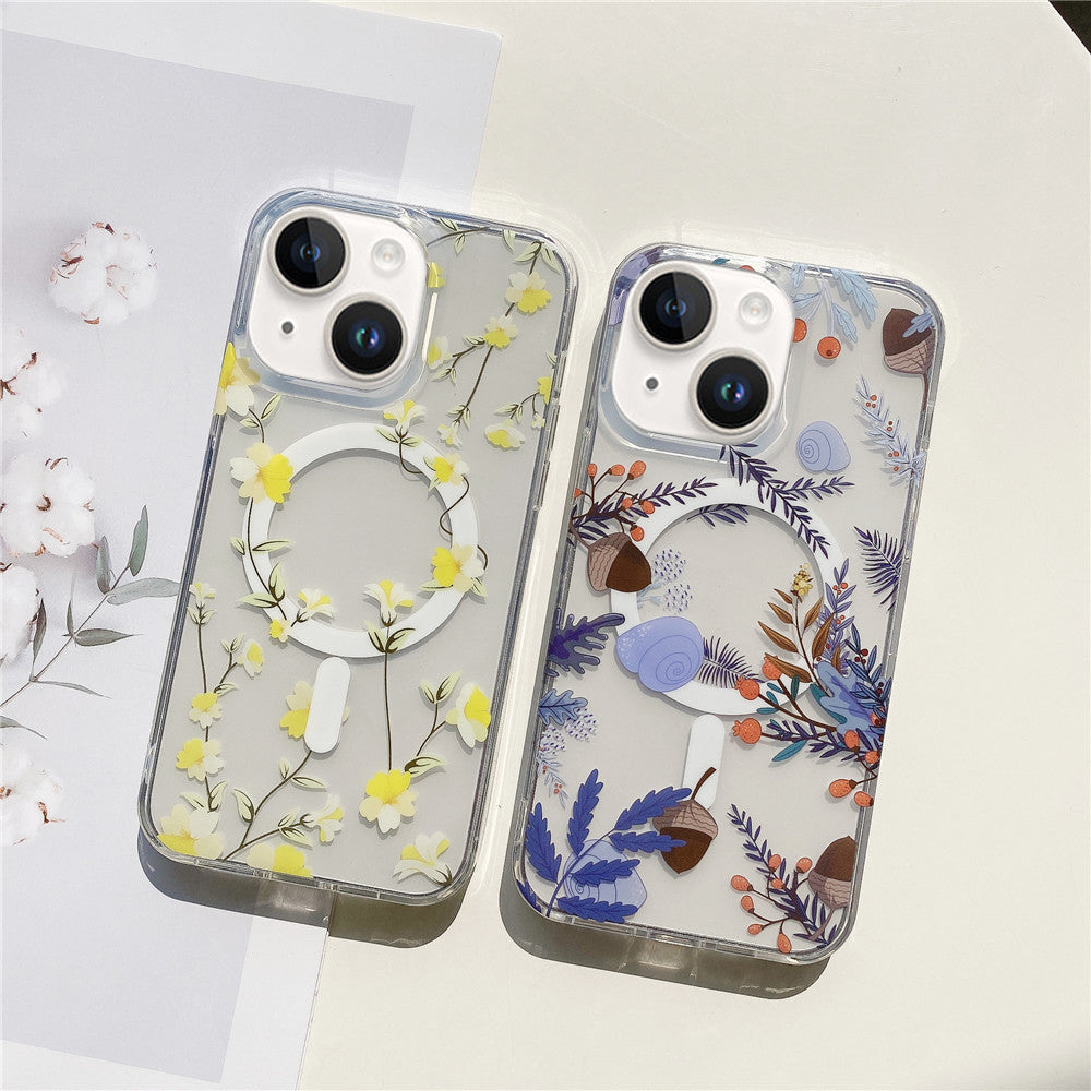 iPhone 15 Printed Double-Layer Transparent Magnetic Suction Phone Case