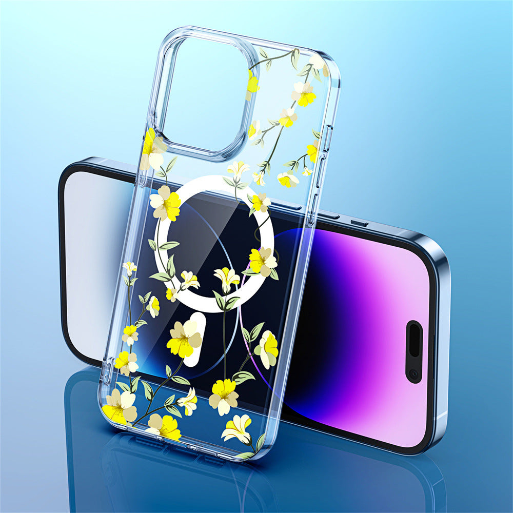 iPhone 15 Printed Double-Layer Transparent Magnetic Suction Phone Case