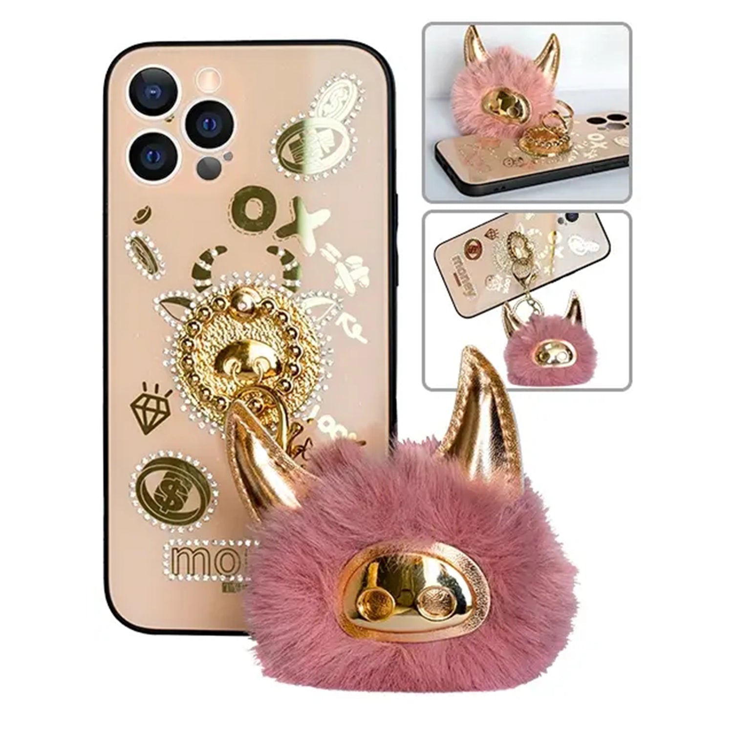 iPhone 12 Pro Max (6.7") Bling Sparkle Ring Kickstand Case with OX Plush Toys case