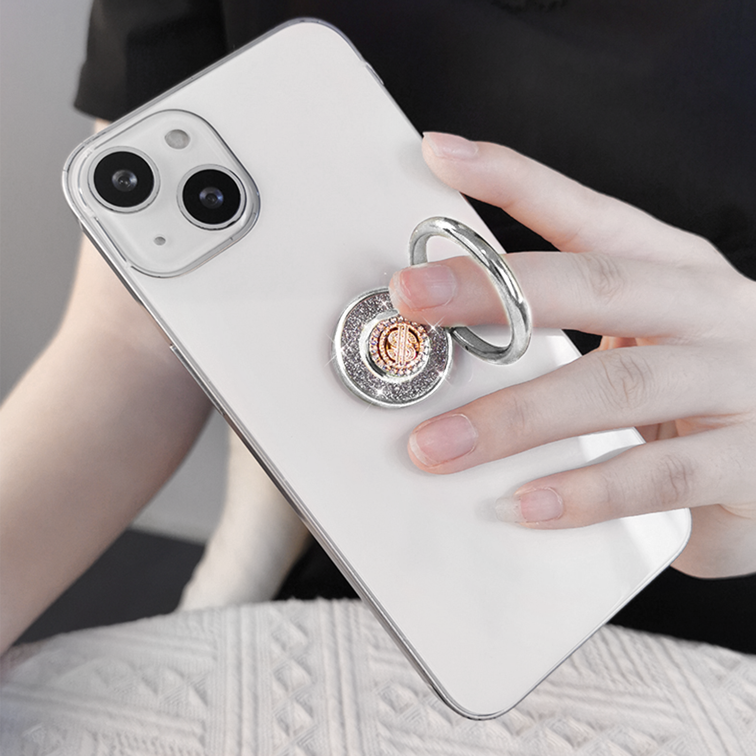 Diamond inlaid 360 ° rotating mobile phone metal ring buckle / kickstand