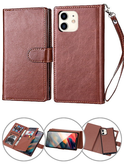 iPhone 11 (6.1") 2 in 1 Leather Wallet Case With 9 Credit Card Slots and Removable Back Cover 