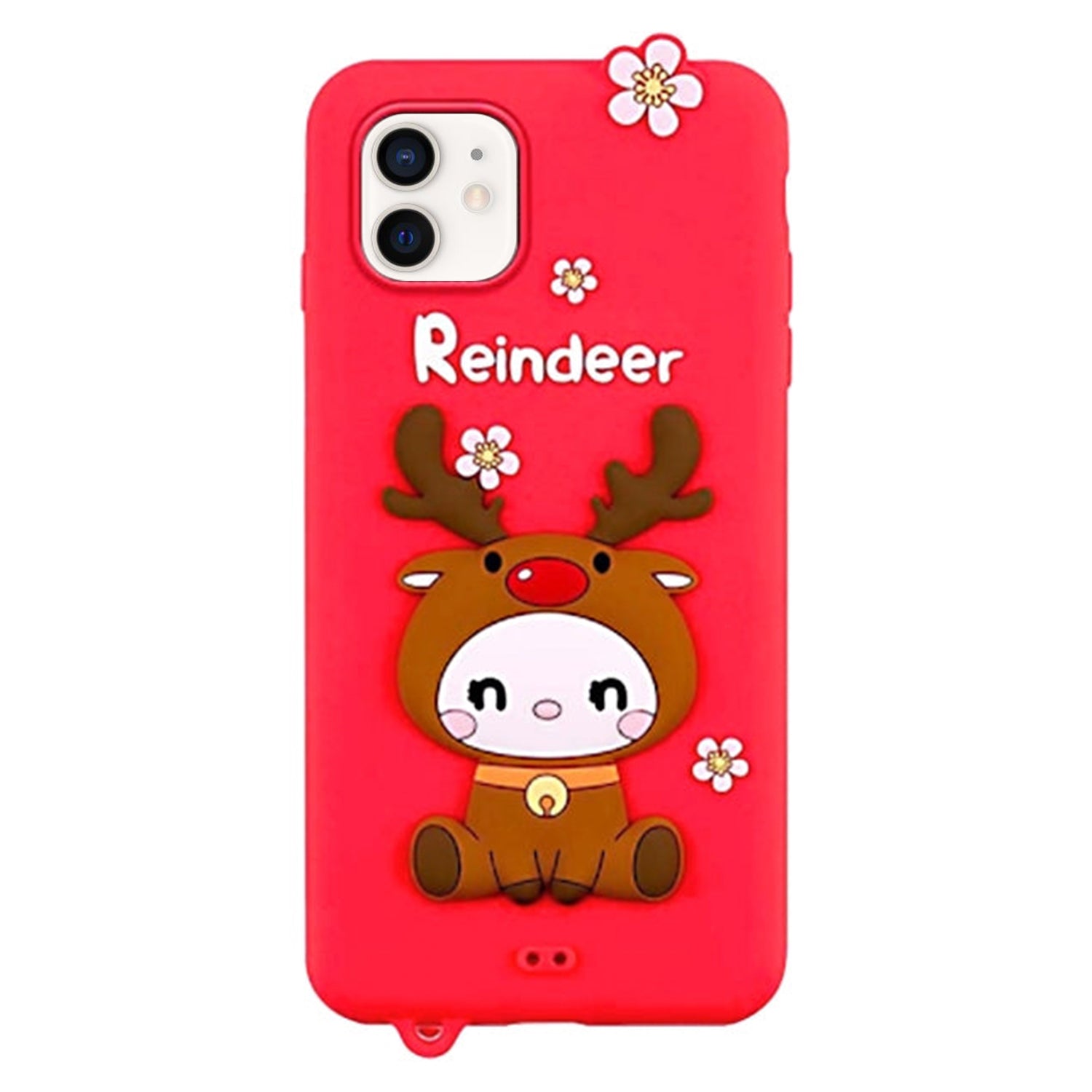 3D Silicone Cute Reindeer With Pendant Cartoon Case for iPhone 12 Mini (5.4") - Pink