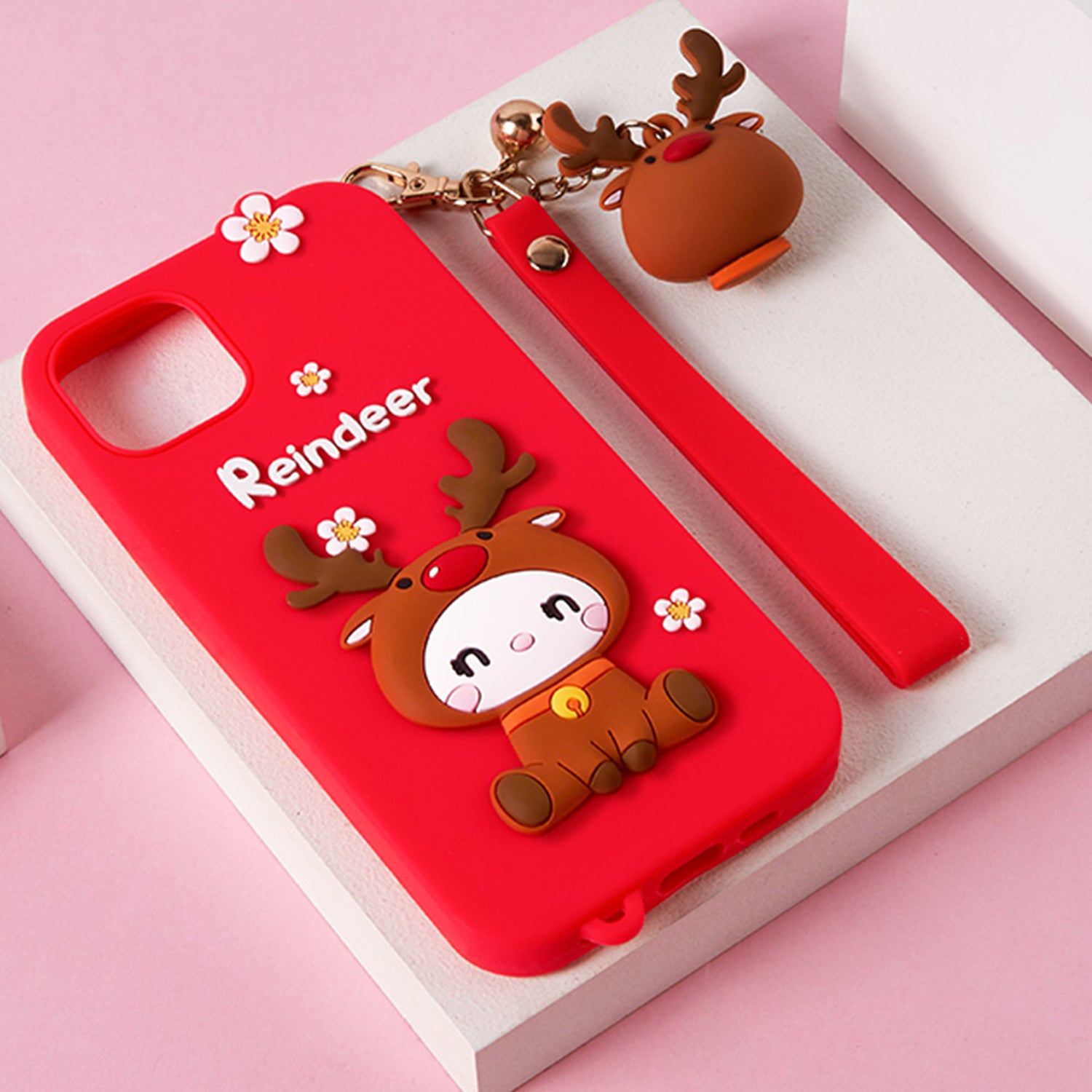 3D Silicone Cute Reindeer With Pendant Cartoon Case for iPhone 12 Pro Max (6.7")