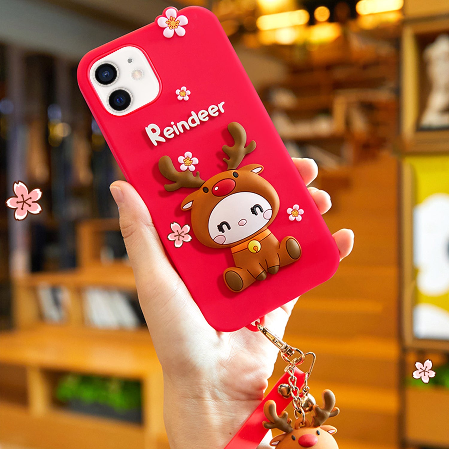 3D Silicone Cute Reindeer With Pendant Cartoon Case for iPhone 12 Mini (5.4") - Pink