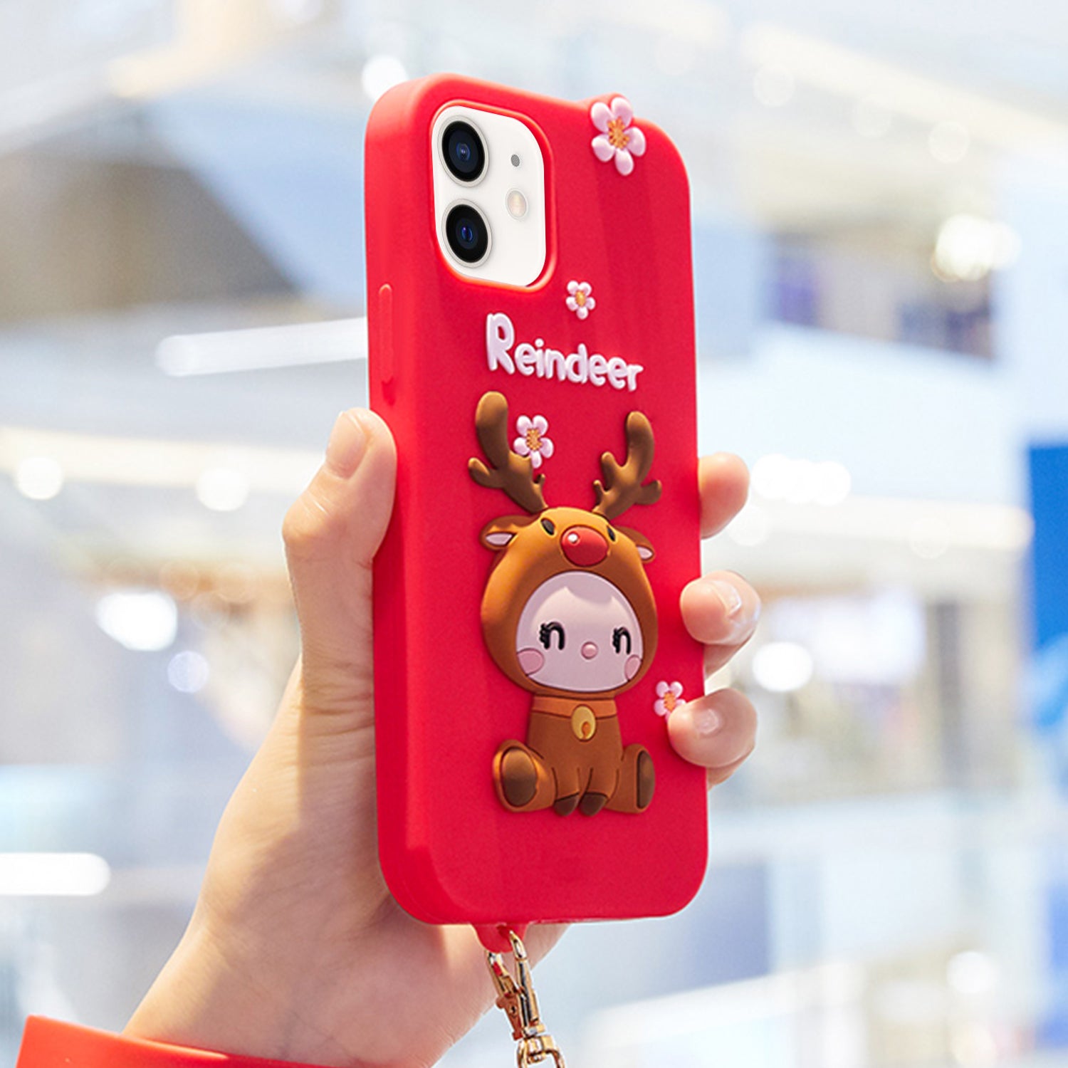 3D Silicone Cute Reindeer With Pendant Cartoon Case for iPhone 12 Pro/12 (6.1") - Black