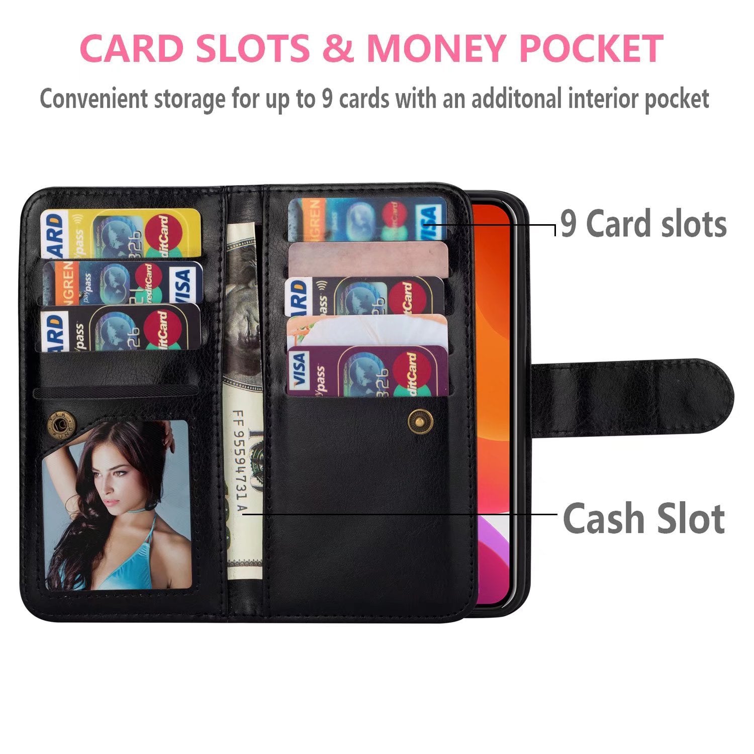 iPhone 11 Pro (5.8") 2 in 1 Leather Wallet Case With 9 Credit Card Slots and Removable Back Cover 