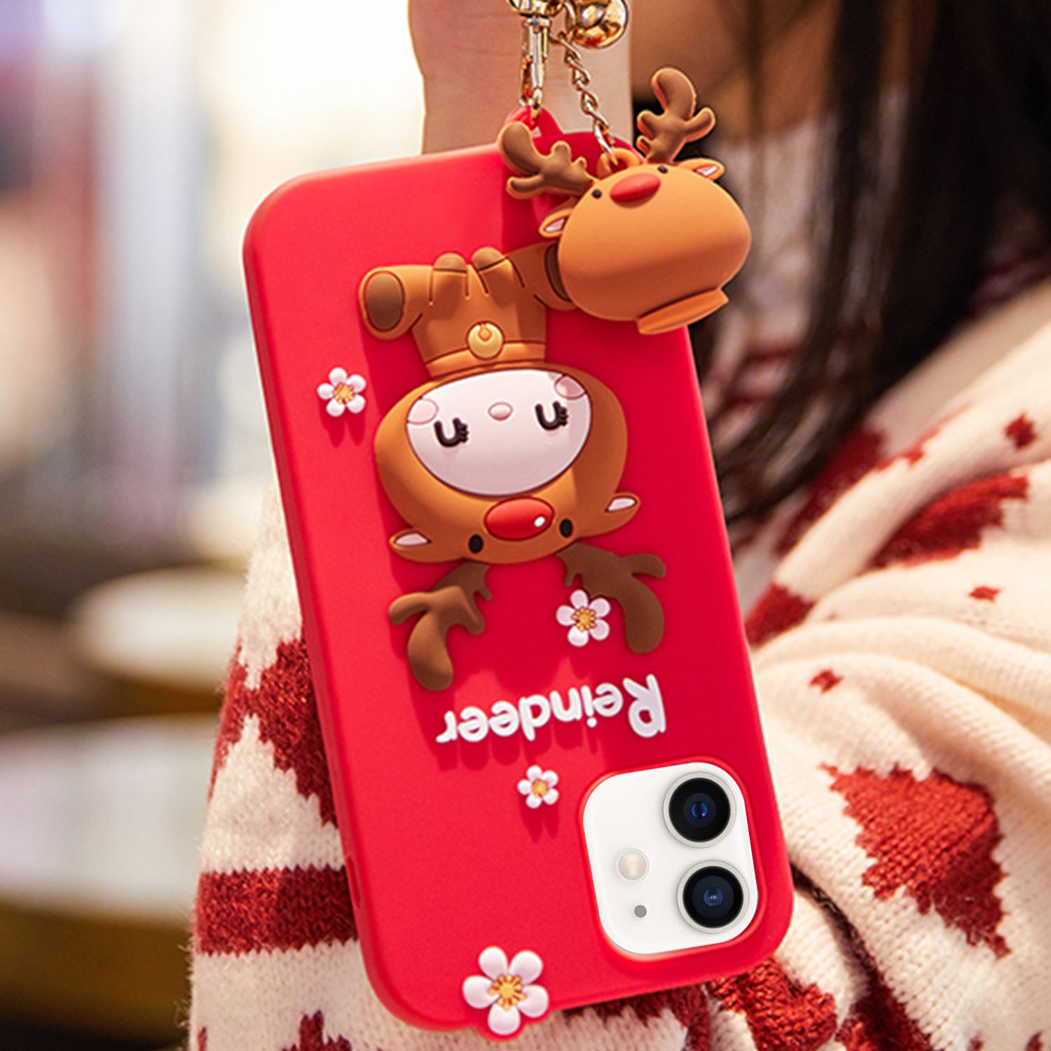 3D Silicone Cute Reindeer With Pendant Cartoon Case for iPhone 12 Mini (5.4") - Pink