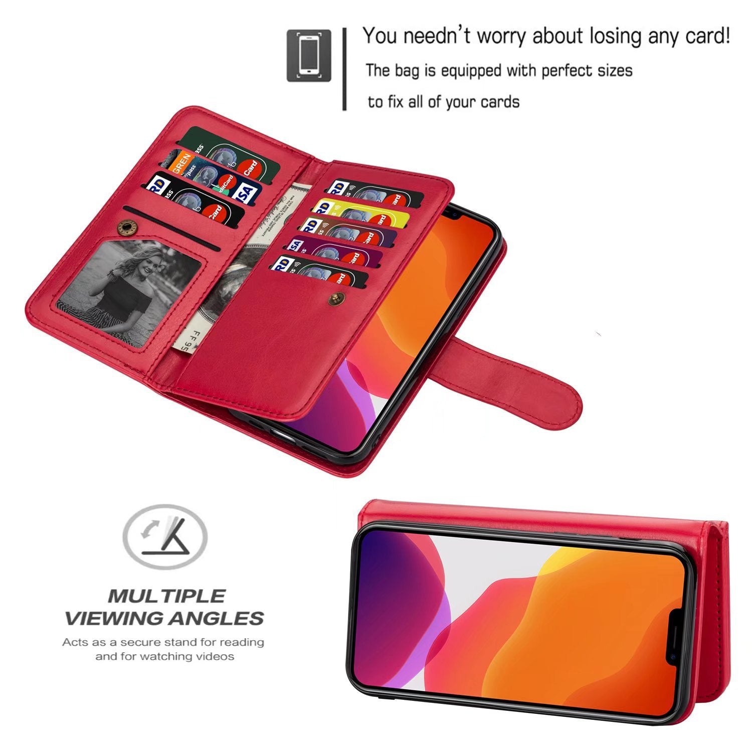 iPhone 12 Pro/12 (6.1") 2 in 1 Leather Wallet Case With 9 Credit Card Slots and Removable Back Cover 