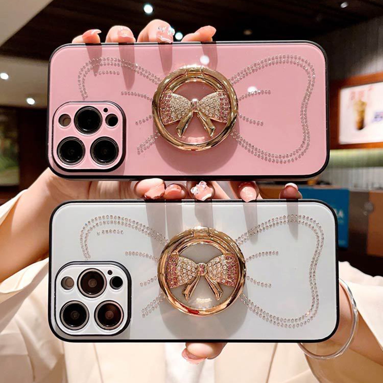 Large bow round support precise hole diamond case for iPhone 13 Pro