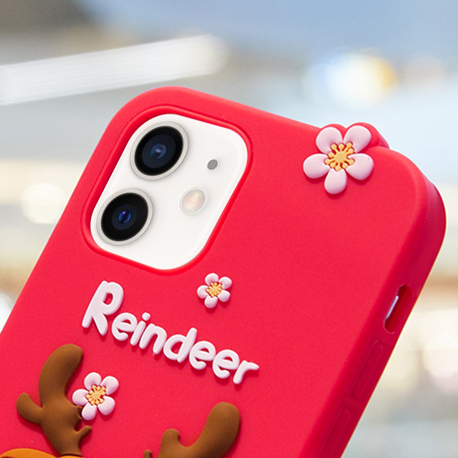 3D Silicone Cute Reindeer With Pendant Cartoon Case for iPhone 12 Mini (5.4") - Pink