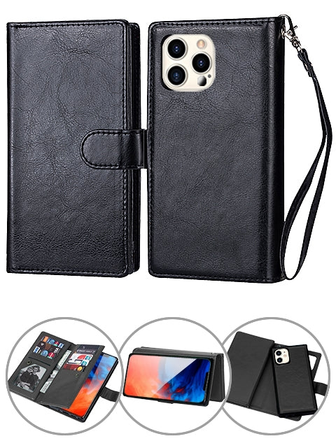 iPhone 12 Pro Max (6.7") 2 in 1 Leather Wallet Case With 9 Credit Card Slots and Removable Back Cover 