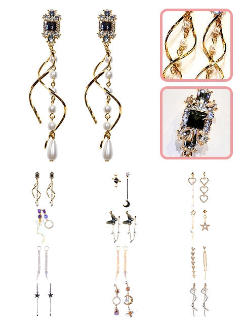 A Dozen of Stars and Moon Asymmetrical Dangle Stud Earrings with Clear Crystal (E362)