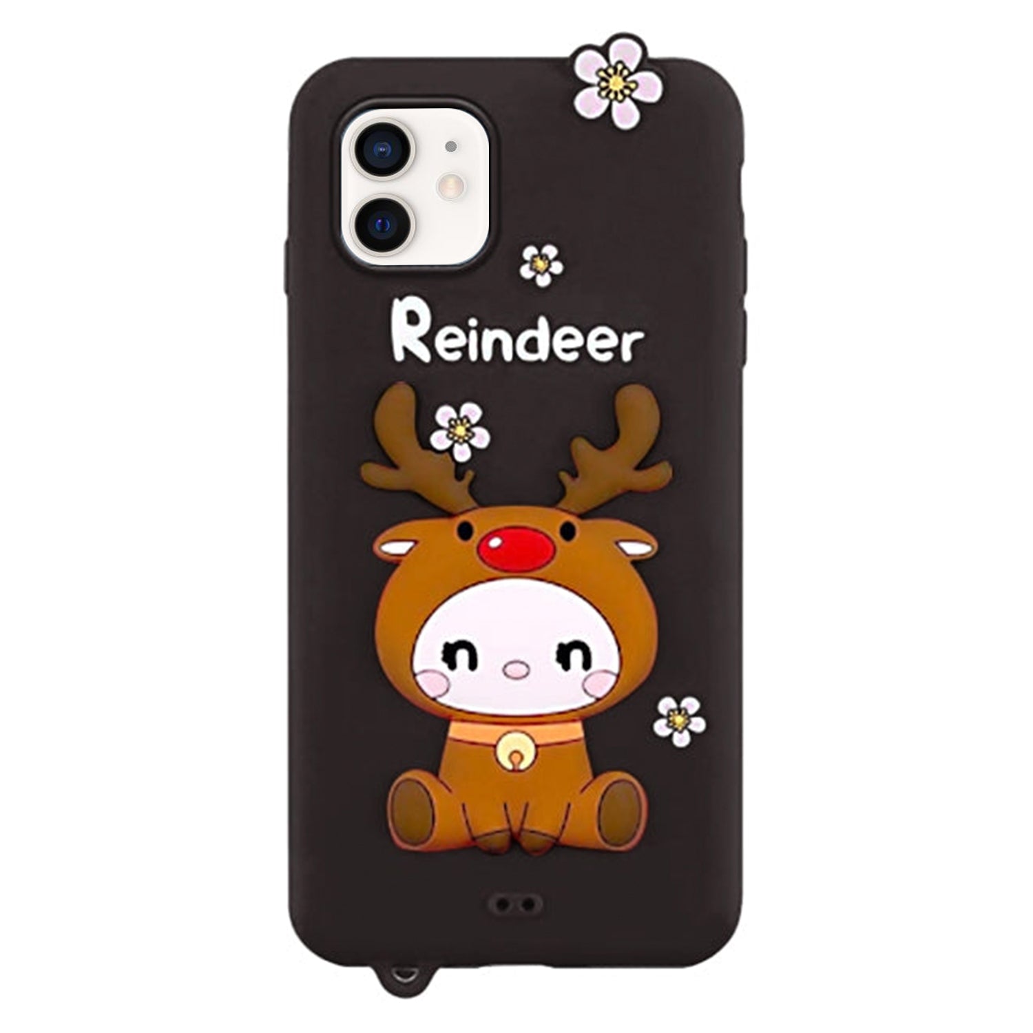 3D Silicone Cute Reindeer With Pendant Cartoon Case for iPhone 12 Pro/12 (6.1") - Black